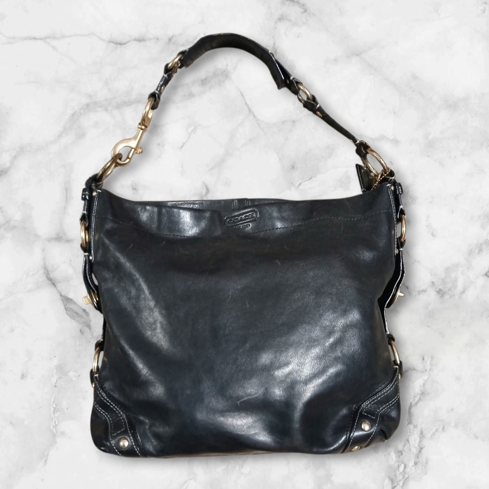 Coach Carly Black Leather Shoulder Bag with Gold Accents